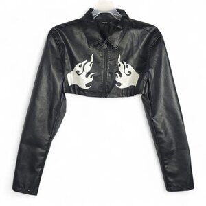 Fever City Flame Crop Jacket XL Black Faux Leather Glitter Y2K Festival Biker